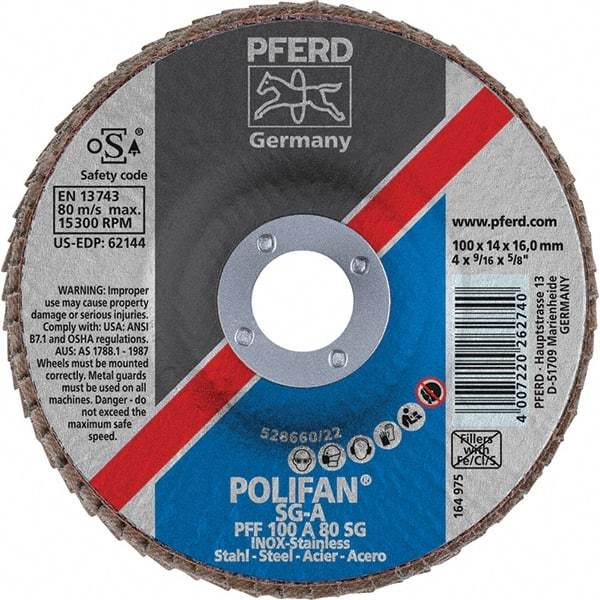 PFERD - 80 Grit, 4" Disc Diam, 5/8" Center Hole, Type 27 Aluminum Oxide Flap Disc - 15,300 Max RPM, Fiberglass Backing, Arbor Attaching System, Coated - Benchmark Tooling