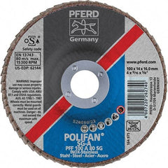 PFERD - 80 Grit, 4" Disc Diam, 5/8" Center Hole, Type 27 Aluminum Oxide Flap Disc - 15,300 Max RPM, Fiberglass Backing, Arbor Attaching System, Coated - Benchmark Tooling