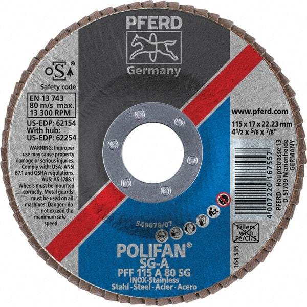PFERD - 80 Grit, 4-1/2" Disc Diam, 7/8" Center Hole, Type 27 Aluminum Oxide Flap Disc - 13,300 Max RPM, Fiberglass Backing, Arbor Attaching System, Coated - Benchmark Tooling