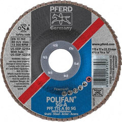 PFERD - 80 Grit, 4-1/2" Disc Diam, 7/8" Center Hole, Type 27 Aluminum Oxide Flap Disc - 13,300 Max RPM, Fiberglass Backing, Arbor Attaching System, Coated - Benchmark Tooling