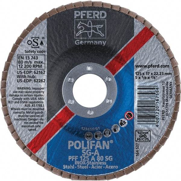 PFERD - 80 Grit, 5" Disc Diam, 7/8" Center Hole, Type 27 Aluminum Oxide Flap Disc - 12,200 Max RPM, Fiberglass Backing, Arbor Attaching System, Coated - Benchmark Tooling