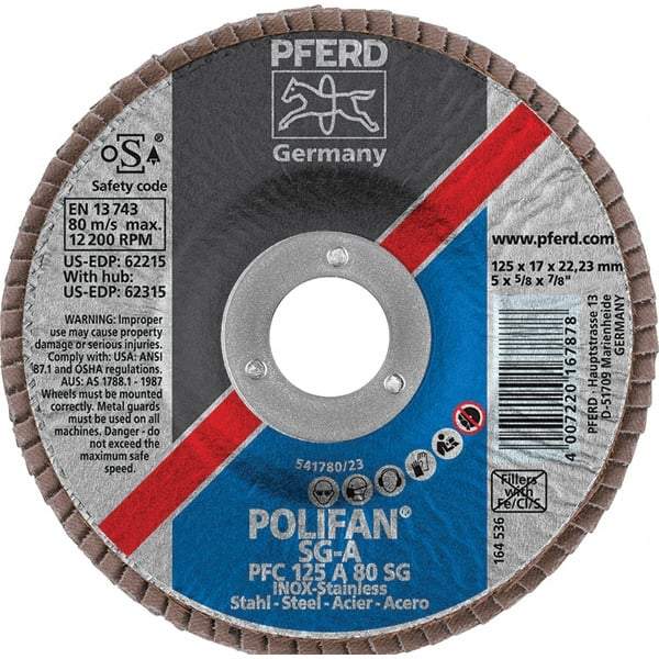 PFERD - 80 Grit, 5" Disc Diam, 7/8" Center Hole, Type 29 Aluminum Oxide Flap Disc - 12,200 Max RPM, Fiberglass Backing, Arbor Attaching System, Coated - Benchmark Tooling