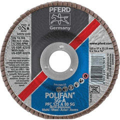 PFERD - 80 Grit, 5" Disc Diam, 7/8" Center Hole, Type 29 Aluminum Oxide Flap Disc - 12,200 Max RPM, Fiberglass Backing, Arbor Attaching System, Coated - Benchmark Tooling