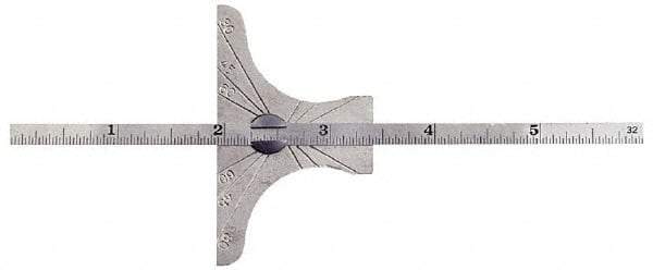 General - 0 to 6 Inch Rule Measurement Range, 30 to 60° Angle Measurement Range, Hardened Steel (Base); Stainless Steel (Rule) Depth and Angle Gage - 60° Angle Graduation, 2-1/2 Inch Long Base, 1/4 Inch Wide Rule, 1/64; 1/32 Inch Rule Graduation - Benchmark Tooling