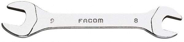 Facom - 8mm x 9mm Stubby Open End Wrench - 3-1/2" OAL, Double End, Satin Finish, 15° Head Angle