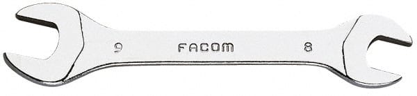 Facom - 8mm x 9mm Stubby Open End Wrench - 3-1/2" OAL, Double End, Satin Finish, 15° Head Angle - Benchmark Tooling