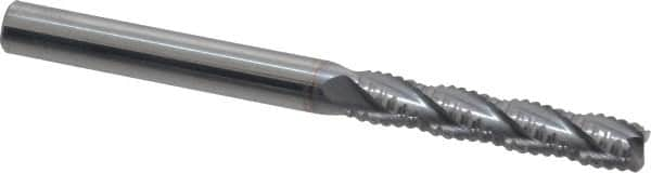 Accupro - 1/4" Diam, Fine Pitch, 1-1/8" LOC, 4 Flute Solid Carbide Roughing Square End Mill - TiCN Finish, 3" OAL, 1/4" Shank Diam, Single End, Centercutting, 30° Helix - Benchmark Tooling