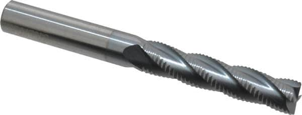 Accupro - 7/16" Diam, Fine Pitch, 2" LOC, 4 Flute Solid Carbide Roughing Square End Mill - TiCN Finish, 4" OAL, 7/16" Shank Diam, Single End, Centercutting, 30° Helix - Benchmark Tooling