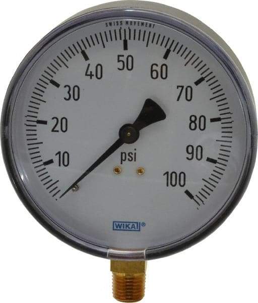 Wika - 4" Dial, 1/4 Thread, 0-100 Scale Range, Pressure Gauge - Lower Connection Mount, Accurate to 3-2-3% of Scale - Benchmark Tooling