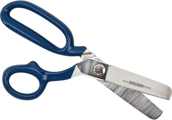 Heritage Cutlery - 3-1/4" LOC, 9-3/4" OAL Carbon Steel Standard Shears - Right Hand, 1 Blade Serrated, Plastic Coated Bent Handle, For General Purpose Use - Benchmark Tooling