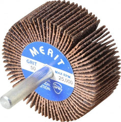 Merit Abrasives - 2" Diam x 3/4" Face Width, Coarse Ceramic Alumina Coated Mounted Flap Wheel - 1/4" Shank Mount, 50 Grit, 30,000 Max RPM - Benchmark Tooling