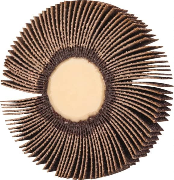 Merit Abrasives - 3" Diam x 1/2" Face Width, Medium Ceramic Alumina Coated Mounted Flap Wheel - 1/4" Shank Mount, 60 Grit, 30,000 Max RPM - Benchmark Tooling