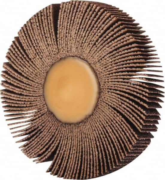 Merit Abrasives - 3" Diam x 1/2" Face Width, Medium Ceramic Alumina Coated Mounted Flap Wheel - 1/4" Shank Mount, 80 Grit, 30,000 Max RPM - Benchmark Tooling