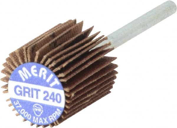 Merit Abrasives - 5/8" Diam x 5/8" Face Width, Very Fine Aluminum Oxide Coated Mounted Flap Wheel - 1/8" Shank Mount, 240 Grit, Cloth Backing, 37,000 Max RPM - Benchmark Tooling