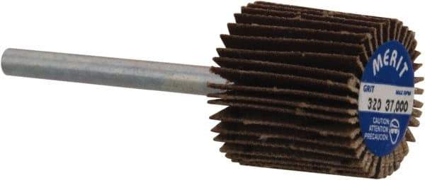 Merit Abrasives - 5/8" Diam x 5/8" Face Width, Extra Fine Aluminum Oxide Coated Mounted Flap Wheel - 1/8" Shank Mount, 320 Grit, Cloth Backing, 37,000 Max RPM - Benchmark Tooling