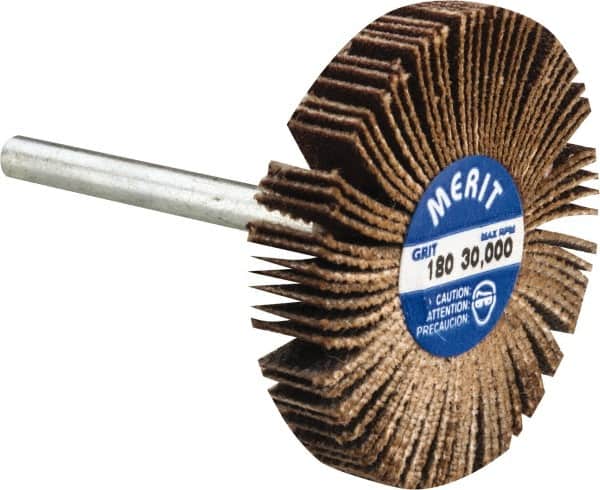 Merit Abrasives - 1-3/16" Diam x 3/16" Face Width, Very Fine Aluminum Oxide Coated Mounted Flap Wheel - 1/8" Shank Mount, 180 Grit, Cloth Backing, 30,000 Max RPM - Benchmark Tooling
