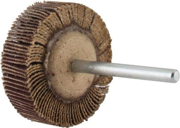 Merit Abrasives - 1-3/16" Diam x 3/8" Face Width, Very Fine Aluminum Oxide Coated Mounted Flap Wheel - 1/8" Shank Mount, 240 Grit, Cloth Backing, 30,000 Max RPM - Benchmark Tooling