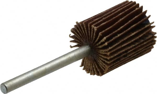 Merit Abrasives - 5/8" Diam x 3/4" Face Width, Extra Fine Aluminum Oxide Coated Mounted Flap Wheel - 1/8" Shank Mount, 320 Grit, Cloth Backing, 37,000 Max RPM - Benchmark Tooling