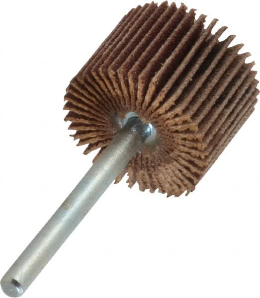 Merit Abrasives - 3/4" Diam x 1/2" Face Width, Very Fine Aluminum Oxide Coated Mounted Flap Wheel - 1/8" Shank Mount, 180 Grit, Cloth Backing, 35,000 Max RPM - Benchmark Tooling