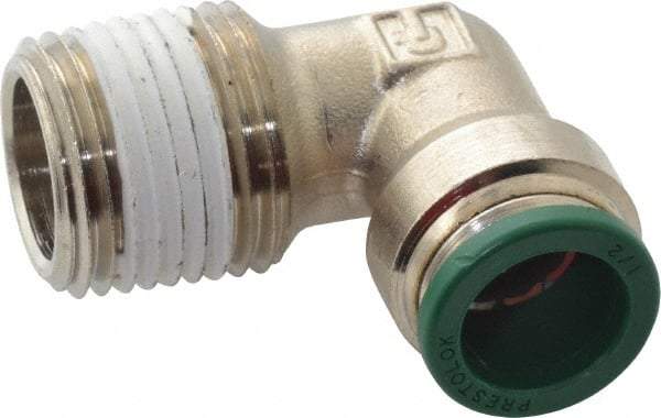 Parker - 1/2" Outside Diam, 1/2 NPTF, Nickel Plated Brass Push-to-Connect Tube Male Elbow - 300 Max psi, Tube to Male NPT Connection, Buna-N O-Ring - Benchmark Tooling