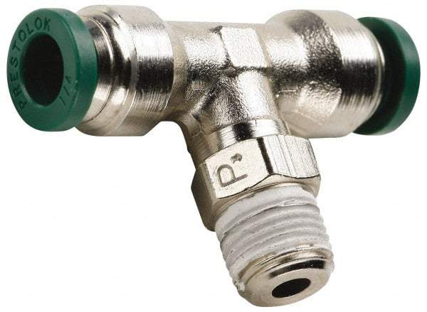 Parker - 1/4" Outside Diam, 1/8 NPTF, Nickel Plated Brass Push-to-Connect Tube Male Swivel Branch Tee - 300 Max psi, Tube to Male NPT Connection, Buna-N O-Ring - Benchmark Tooling