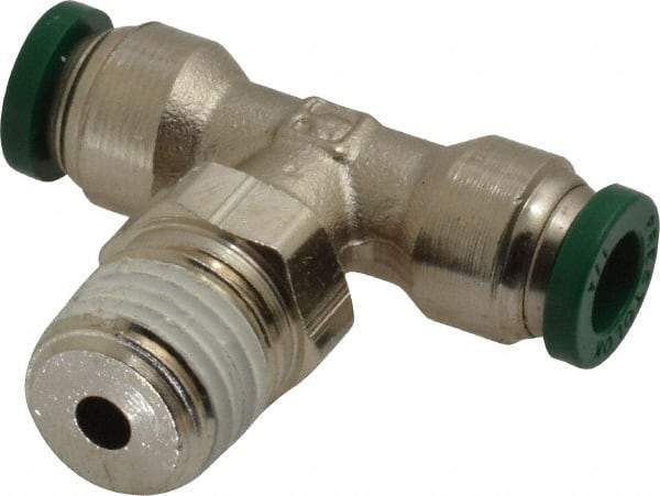 Parker - 1/4" Outside Diam, 1/4 NPTF, Nickel Plated Brass Push-to-Connect Tube Male Swivel Branch Tee - 300 Max psi, Tube to Male NPT Connection, Buna-N O-Ring - Benchmark Tooling