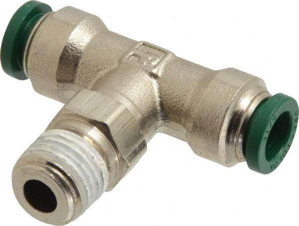 Parker - 5/16" Outside Diam, 1/4 NPTF, Nickel Plated Brass Push-to-Connect Tube Male Swivel Branch Tee - 300 Max psi, Tube to Male NPT Connection, Buna-N O-Ring - Benchmark Tooling