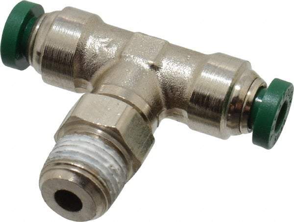 Parker - 5/32" Outside Diam, 1/8 NPTF, Nickel Plated Brass Push-to-Connect Tube Male Swivel Branch Tee - 300 Max psi, Tube to Male NPT Connection, Buna-N O-Ring - Benchmark Tooling