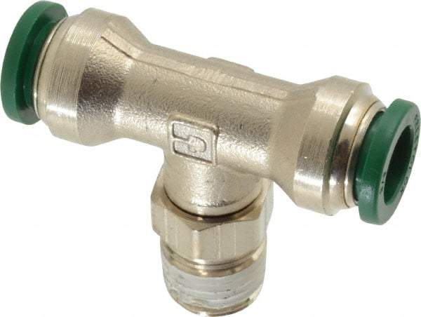 Parker - 3/8" Outside Diam, 1/4 NPTF, Nickel Plated Brass Push-to-Connect Tube Male Swivel Branch Tee - 300 Max psi, Tube to Male NPT Connection, Buna-N O-Ring - Benchmark Tooling