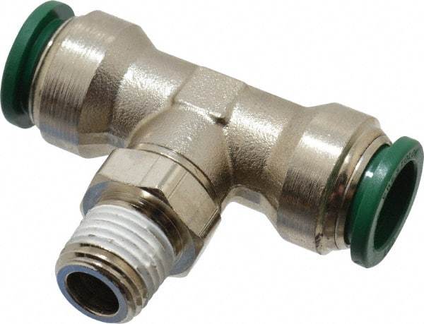 Parker - 1/2" Outside Diam, 1/4 NPTF, Nickel Plated Brass Push-to-Connect Tube Male Swivel Branch Tee - 300 Max psi, Tube to Male NPT Connection, Buna-N O-Ring - Benchmark Tooling