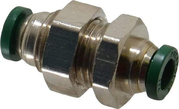 Parker - 1/4" Outside Diam, Nickel Plated Brass Push-to-Connect Tube Bulkhead Union - 300 Max psi, Tube to Tube Connection, Buna-N O-Ring - Benchmark Tooling