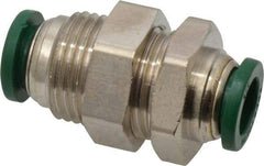 Parker - 3/8" Outside Diam, Nickel Plated Brass Push-to-Connect Tube Bulkhead Union - 300 Max psi, Tube to Tube Connection, Buna-N O-Ring - Benchmark Tooling