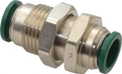 Parker - 1/2" Outside Diam, Nickel Plated Brass Push-to-Connect Tube Bulkhead Union - 300 Max psi, Tube to Tube Connection, Buna-N O-Ring - Benchmark Tooling