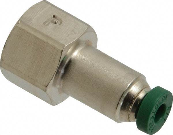 Parker - 1/8" Outside Diam, 1/8 NPTF, Nickel Plated Brass Push-to-Connect Tube Female Connector - 300 Max psi, Tube to Female NPT Connection, Buna-N O-Ring - Benchmark Tooling