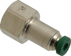 Parker - 1/8" Outside Diam, 1/8 NPTF, Nickel Plated Brass Push-to-Connect Tube Female Connector - 300 Max psi, Tube to Female NPT Connection, Buna-N O-Ring - Benchmark Tooling