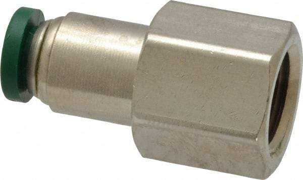 Parker - 1/4" Outside Diam, 1/4 NPTF, Nickel Plated Brass Push-to-Connect Tube Female Connector - 300 Max psi, Tube to Female NPT Connection, Buna-N O-Ring - Benchmark Tooling