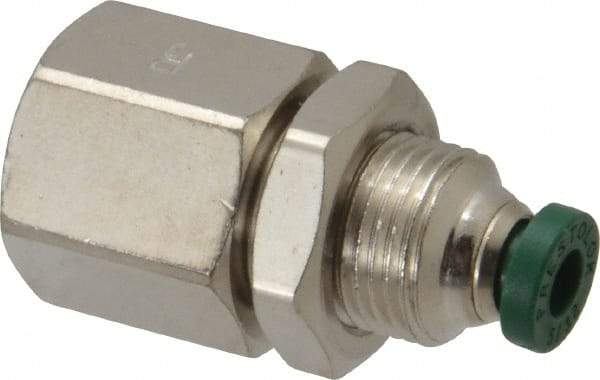Parker - 5/32" Outside Diam, 1/4 NPTF, Nickel Plated Brass Push-to-Connect Tube Female Bulkhead - 300 Max psi, Tube to Female NPT Connection, Buna-N O-Ring - Benchmark Tooling