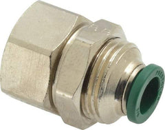 Parker - 3/8" Outside Diam, 3/8 NPTF, Nickel Plated Brass Push-to-Connect Tube Female Bulkhead - 300 Max psi, Tube to Female NPT Connection, Buna-N O-Ring - Benchmark Tooling