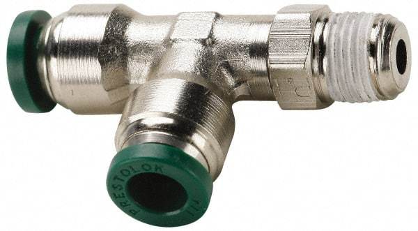 Parker - 1/2" Outside Diam, 1/2 NPTF, Nickel Plated Brass Push-to-Connect Tube Male Swivel Run Tee - 300 Max psi, Tube to Male NPT Connection, Buna-N O-Ring - Benchmark Tooling