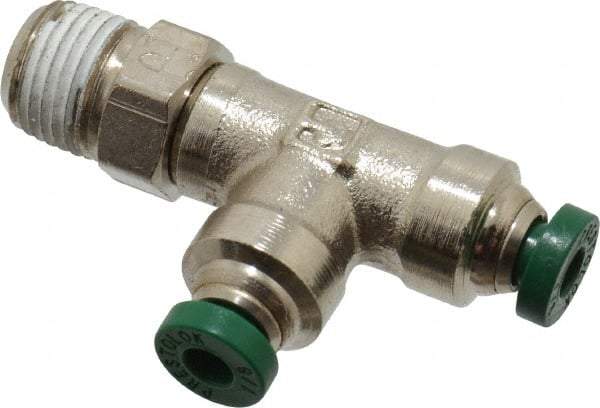 Parker - 1/8" Outside Diam, 1/8 NPTF, Nickel Plated Brass Push-to-Connect Tube Male Swivel Run Tee - 300 Max psi, Tube to Male NPT Connection, Buna-N O-Ring - Benchmark Tooling