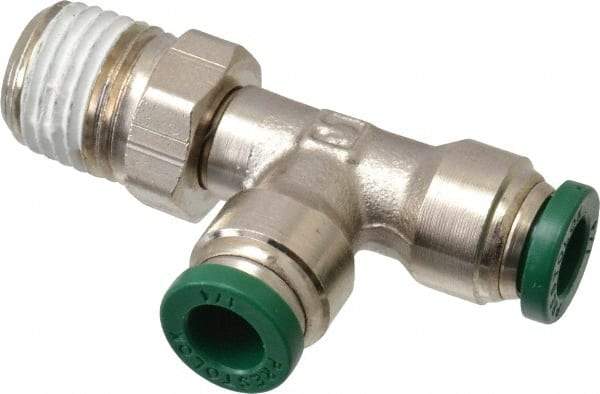 Parker - 1/4" Outside Diam, 1/4 NPTF, Nickel Plated Brass Push-to-Connect Tube Male Swivel Run Tee - 300 Max psi, Tube to Male NPT Connection, Buna-N O-Ring - Benchmark Tooling