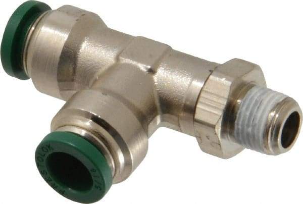 Parker - 5/16" Outside Diam, 1/8 NPTF, Nickel Plated Brass Push-to-Connect Tube Male Swivel Run Tee - 300 Max psi, Tube to Male NPT Connection, Buna-N O-Ring - Benchmark Tooling
