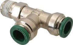 Parker - 3/8" Outside Diam, 1/4 NPTF, Nickel Plated Brass Push-to-Connect Tube Male Swivel Run Tee - 300 Max psi, Tube to Male NPT Connection, Buna-N O-Ring - Benchmark Tooling