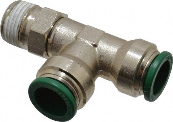 Parker - 1/2" Outside Diam, 3/8 NPTF, Nickel Plated Brass Push-to-Connect Tube Male Swivel Run Tee - 300 Max psi, Tube to Male NPT Connection, Buna-N O-Ring - Benchmark Tooling