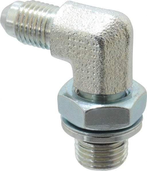 Voss - 7/16-20 x 1/4 Male Thread, Zinc Plated Carbon Steel Industrial Pipe 90° Elbow Adapter - MJIC x MBSPP - Benchmark Tooling