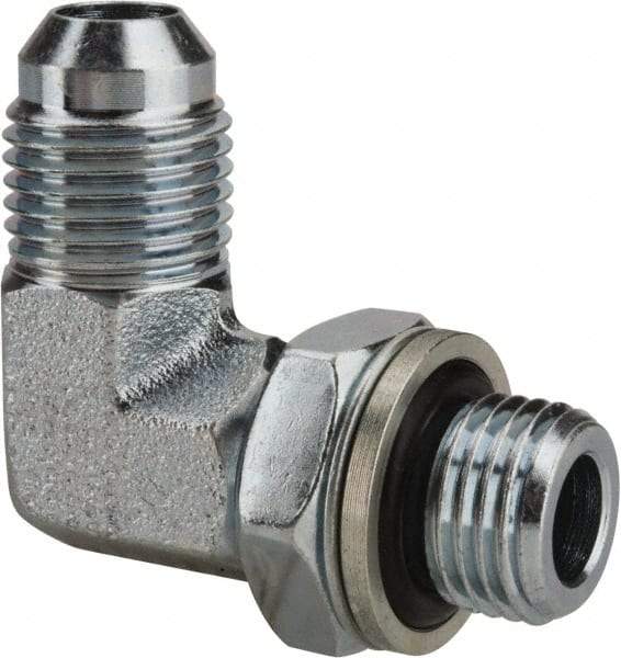 Voss - 9/16-18 x 1/4 Male Thread, Zinc Plated Carbon Steel Industrial Pipe 90° Elbow Adapter - MJIC x MBSPP - Benchmark Tooling