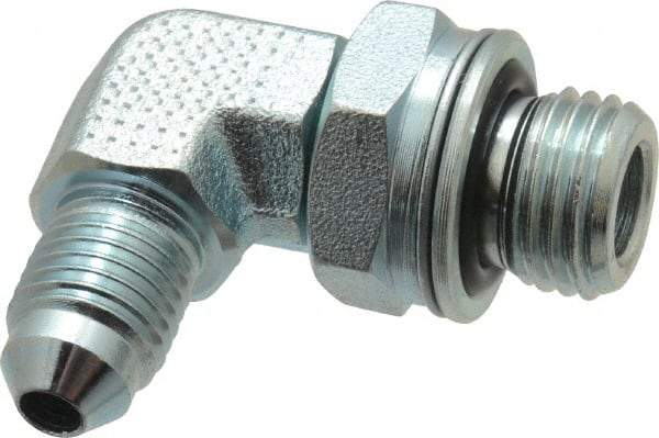Voss - 7/16-20 x M14x1.5 Male Thread, Zinc Plated Carbon Steel Industrial Pipe 90° Elbow Adapter - MJIC x Male Metric - Benchmark Tooling
