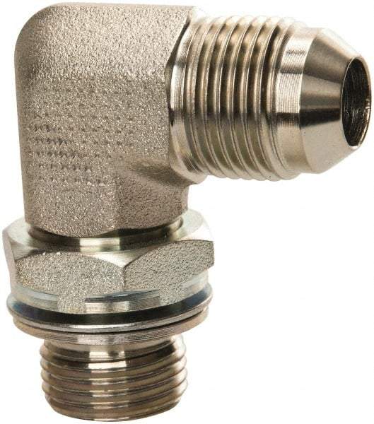 Voss - 3/4-16 x M18x1.5 Male Thread, Zinc Plated Carbon Steel Industrial Pipe 90° Elbow Adapter - MJIC x Male Metric - Benchmark Tooling