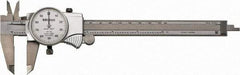 Mitutoyo - 0" to 6" Range, 0.001" Graduation, 0.1" per Revolution, Dial Caliper - White Face, 1-9/16" Jaw Length, Accurate to 0.0010" - Benchmark Tooling