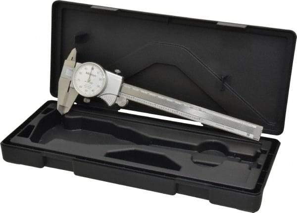 Mitutoyo - 0mm to 6" Range, 0.001" Graduation, 0.1" per Revolution, Dial Caliper - White Face, 1-9/16" Jaw Length, Accurate to 0.0010" - Benchmark Tooling